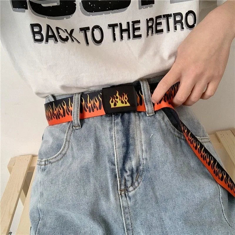 Punk style flame belt in orange with black buckle featuring yellow crown design for women trendy eyelet personality decoration durable