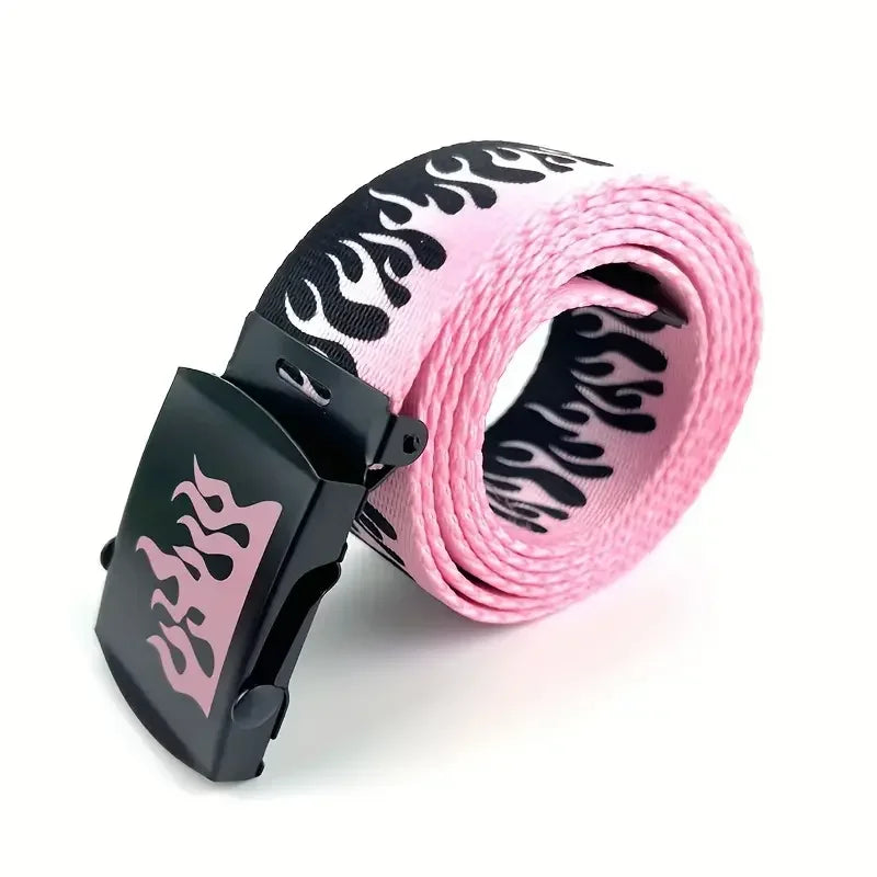 Pink canvas punk style flame belt with black flame design and pink flame logo on durable plastic buckle for men and women trendy eyelet personality decoration