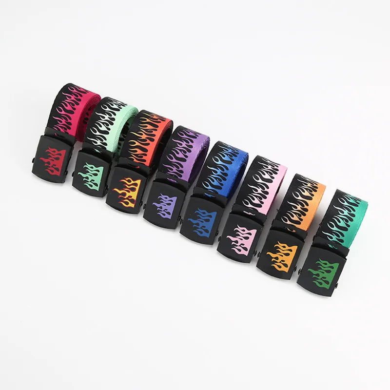 A set of punk style flame belts with colorful vibrant flames and black plastic buckles for personality decoration durable use
