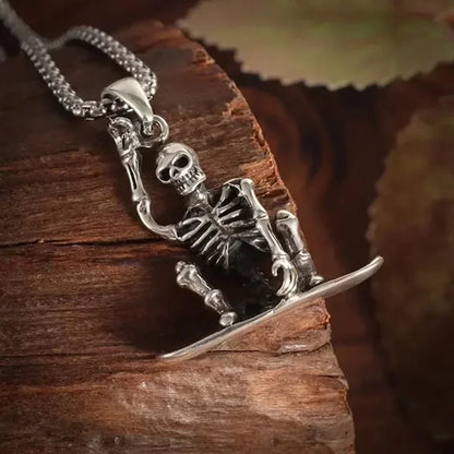 Silver skeleton snowboarder pendant necklace on chain punk style punished men vintage creative hip hop personalized jewelry