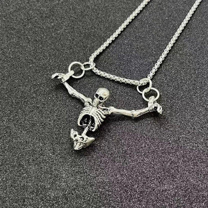 Silver skeleton pendant necklace with detailed articulated design and chain punk style punished men vintage creative jewelry