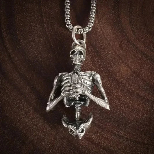 Silver skeleton pendant necklace with detailed anatomical design and chain punk style punished men vintage creative hip hop personalized