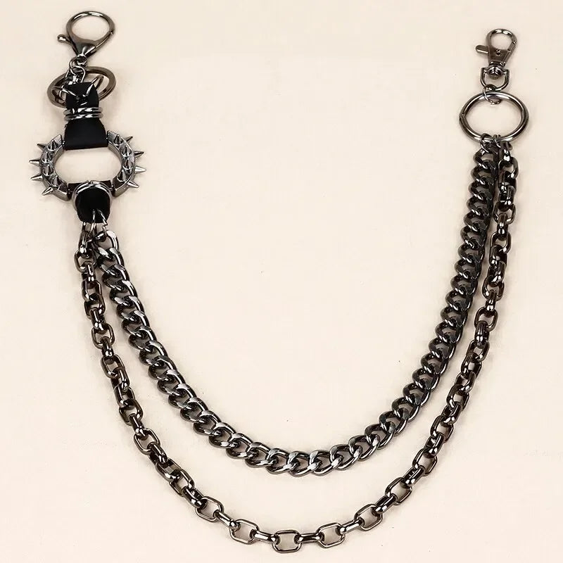 Black spiked metal punk waist chains with dual chains and key ring attachment for spiked pant trouser use
