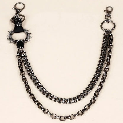 Black spiked metal punk waist chains with dual chains and key ring attachment for spiked pant trouser use