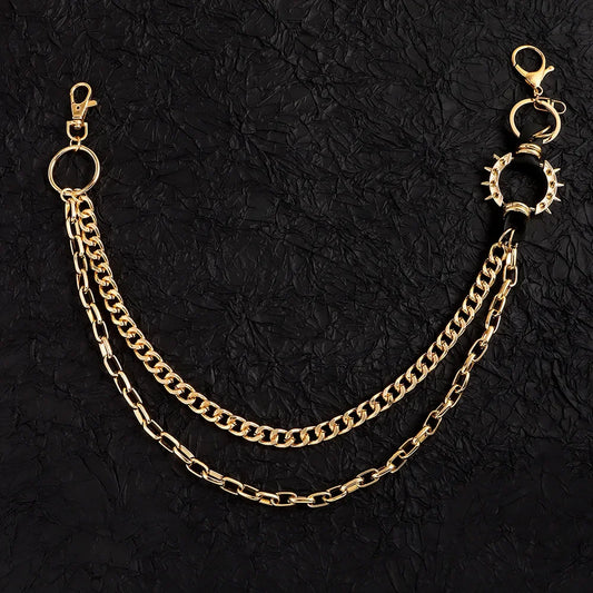 Gold-toned double-layer punk waist chains with spiked ring chain pendant retro for spiked pant trouser decoration