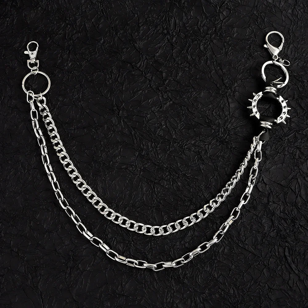 Silver-toned punk waist chains with double-layer design spiked pant trouser chain pendant retro metal belt strap with lobster clasps