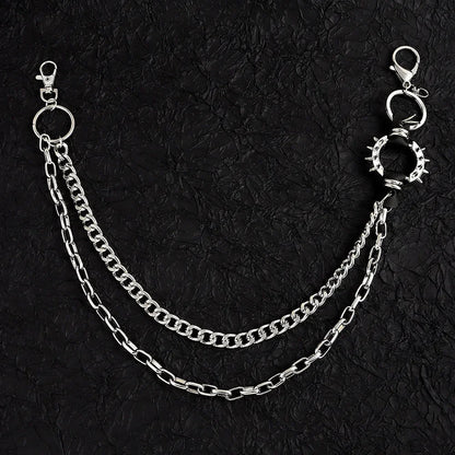 Silver-toned punk waist chains with double-layer design spiked pant trouser chain pendant retro metal belt strap with lobster clasps