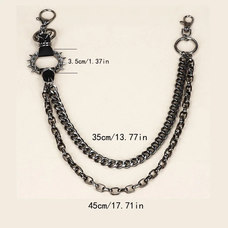 Black spiked chain belt extender with dual-layered metal chains and crown clasp for punk waist chains and spiked pant trouser styles