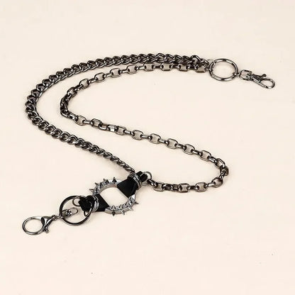 Black spiked chain belt loop with central circular design featuring black leather accents and metal hardware for punk waist chains