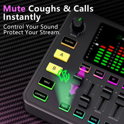 Black pupgsis podcast equipment bundle audio mixer with colorful buttons and green led displays for live streaming