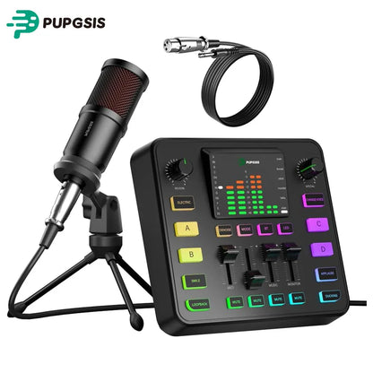Black pupgsis podcast equipment bundle audio mixer with colorful led buttons and built-in microphone on stand for streaming