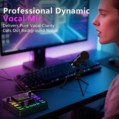 Black dynamic vocal microphone on tripod stand in pupgsis podcast equipment bundle for live streaming and game audio