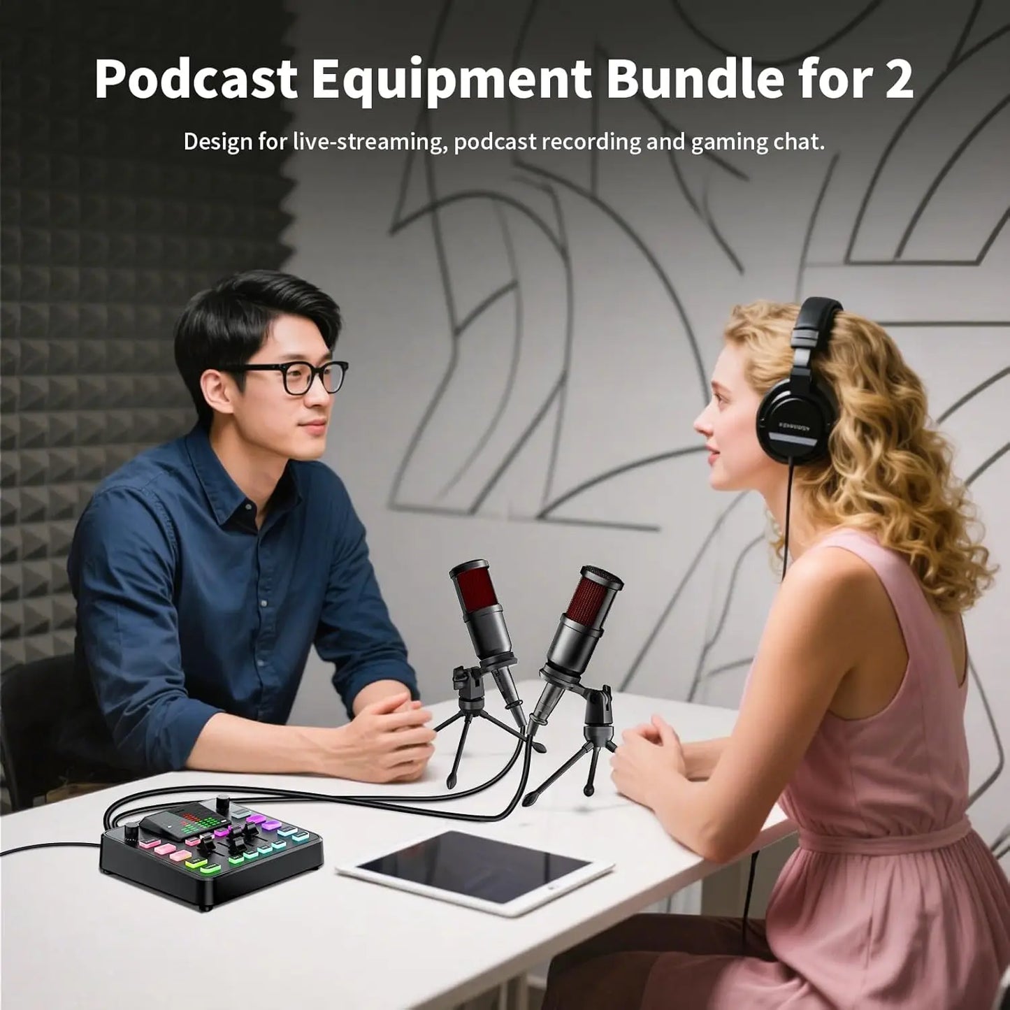Black and silver pupgsis podcast equipment microphone with red mesh grille on tripod stand for live streaming and gaming