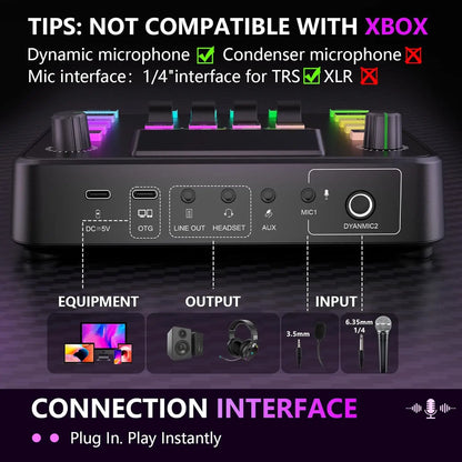 Black dynamic microphone interface with rgb lighting and multiple input output ports in pupgsis podcast equipment bundle audio mixer