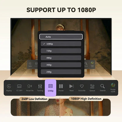 Black touchscreen display on puremic karaoke machine showing video playback settings with 1080p resolution menu