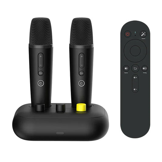 Black puremic karaoke machine duet karaoke mics with textured mesh grilles resting in a rechargeable dock with remote