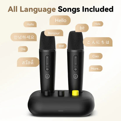 Black puremic karaoke machine duet karaoke mics with textured mesh grilles resting on a rechargeable charging base