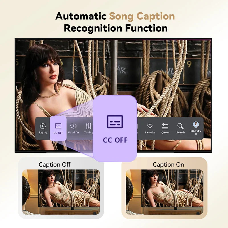 Smart tv displaying closed caption toggle on puremic karaoke machine k3 with free forever duet karaoke mics