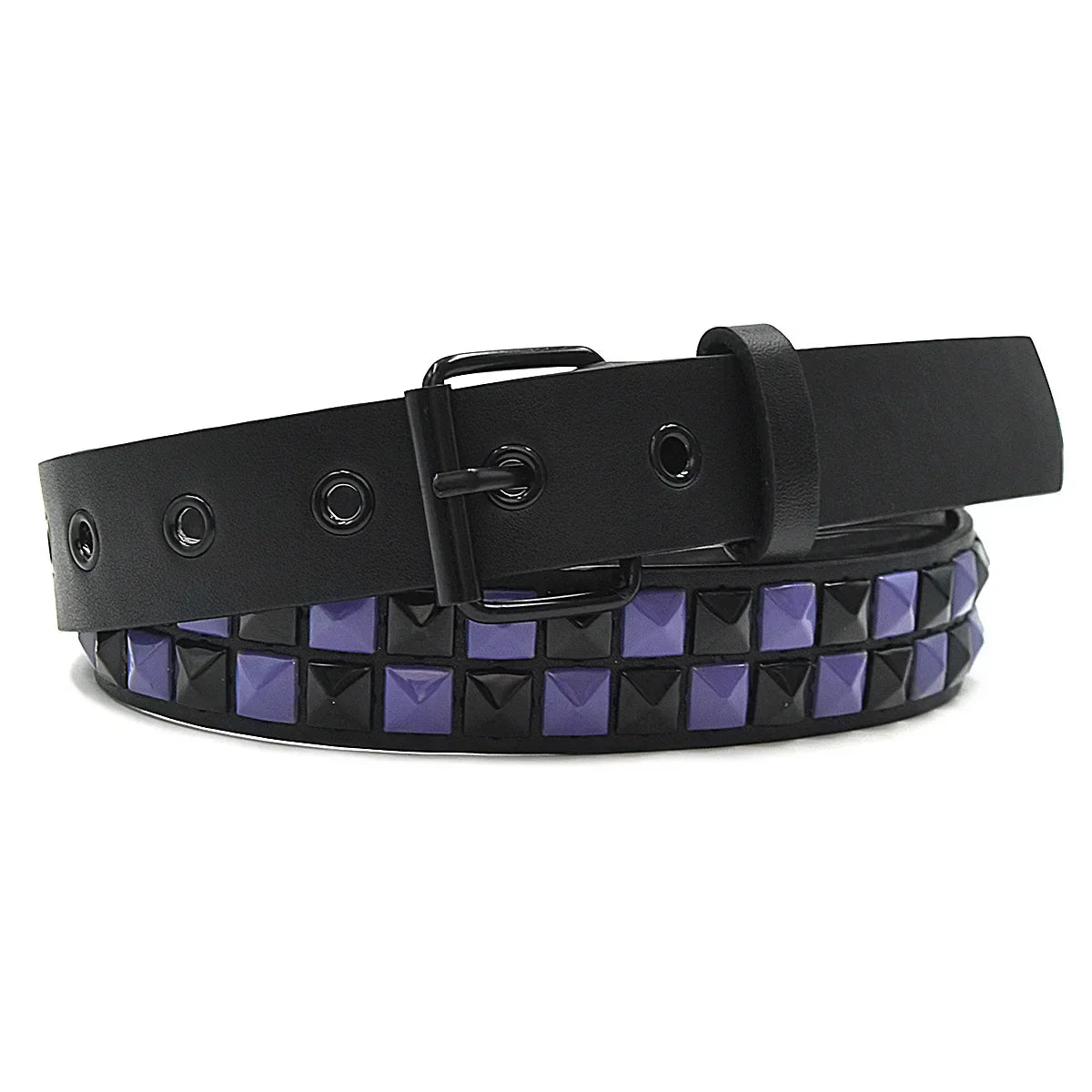 Purple rivet punk black leather belt with alternating black and purple square studs, trend pu leather jeans accessories girdle