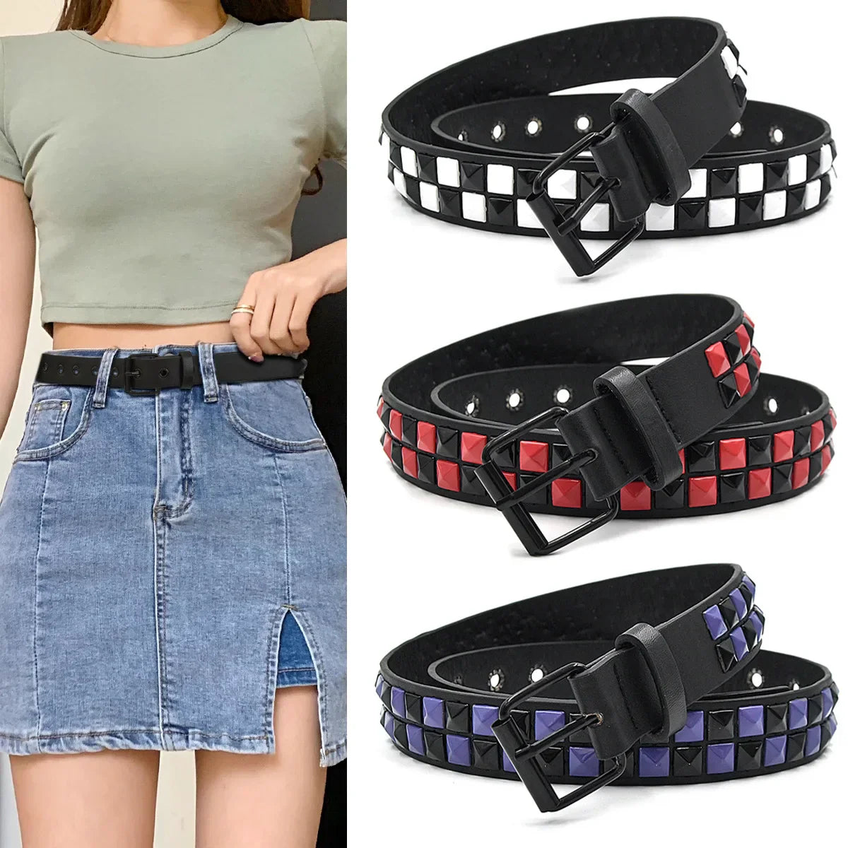 Black leather purple rivet punk belt with white red and purple studs trend pu leather jeans accessories girdle