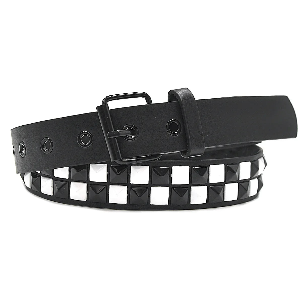 Black leather purple rivet punk belt with alternating black and white square studs trend pu leather jeans accessories girdle