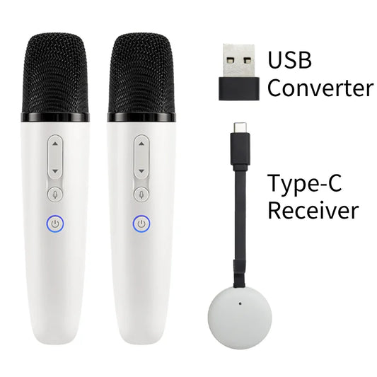 Pair of white wireless q1-tesla car karaoke microphones with black mesh grilles and power key for cybertruck rechargeable caraoke use