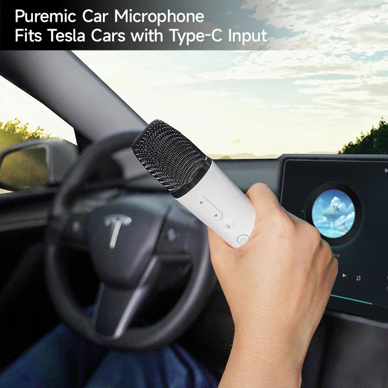 White and black q1-tesla car karaoke microphone with mesh grille and type-c input for cybertruck rechargeable caraoke use