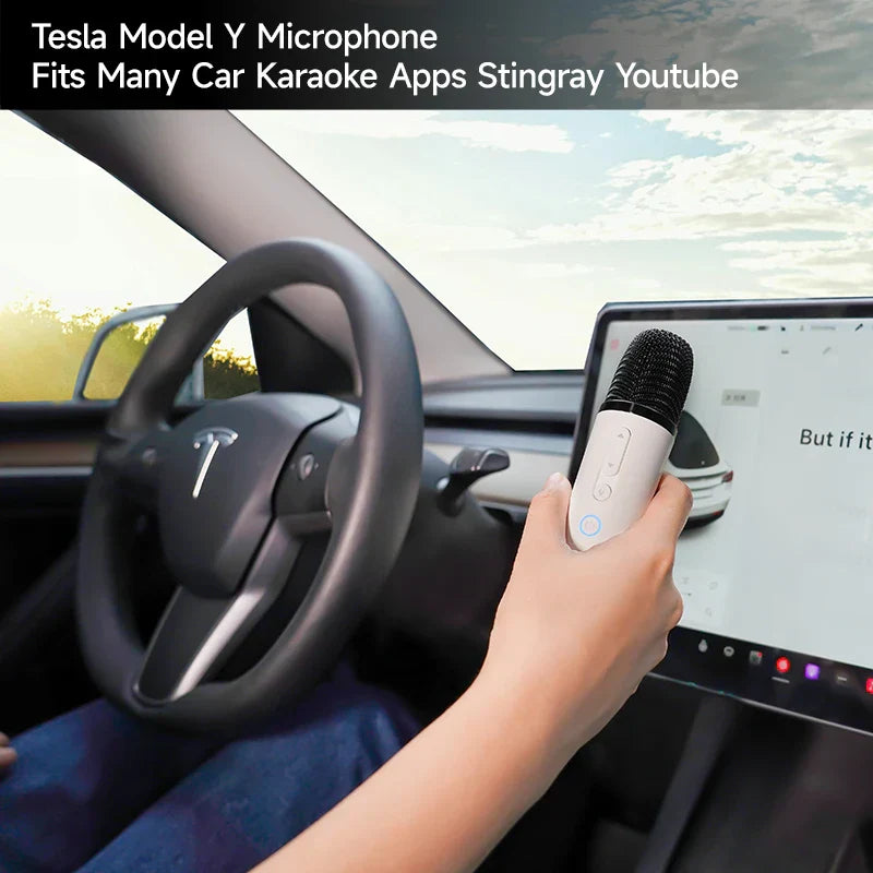 White and black handheld rechargeable car karaoke microphone with textured grille for tesla model y cybertruck use