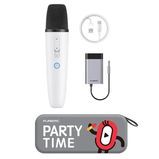 White handheld wireless microphone with black mesh grille and control buttons for karaoke use with joy effects rechargeable and portable bag wireless features