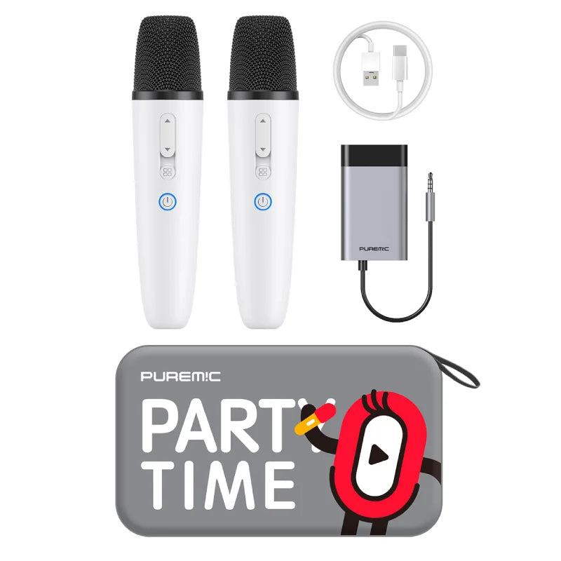 White handheld q1pro-tesla karaoke mic with black mesh grilles blue power buttons joy effects rechargeable wireless mic with portable bag