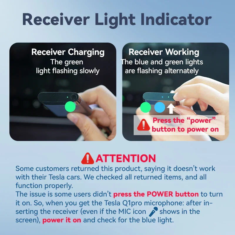 The q1pro-tesla karaoke mic receiver light indicator with green and blue led lights in portable bag wireless mic use