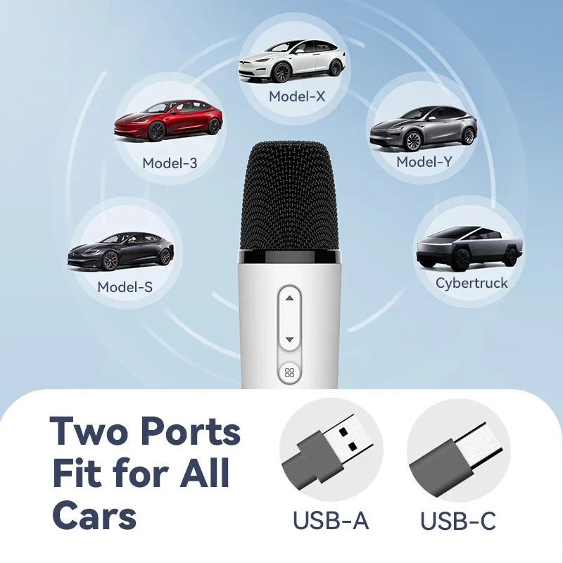 White handheld Q1PRO-Tesla karaoke mic with black mesh grille, silver buttons, joy effects rechargeable and portable bag wireless use