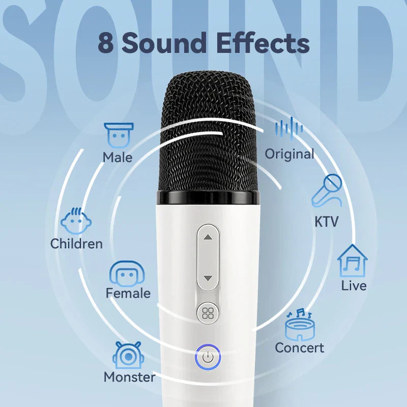 White Q1PRO-Tesla karaoke mic with black mesh grille, control buttons, joy effects rechargeable, and portable bag wireless setup