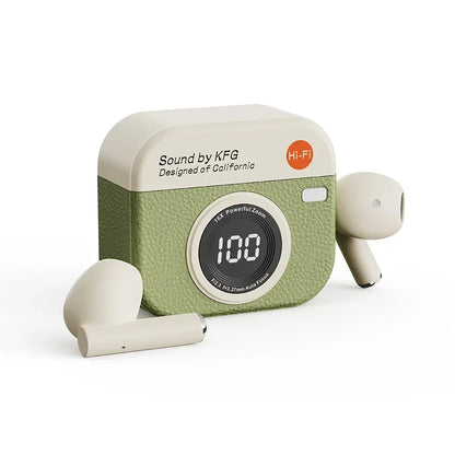 Mint green and cream kfg earbuds in a faux leather camera-shaped case for Q86 Bluetooth 5.3 wireless sports headphones