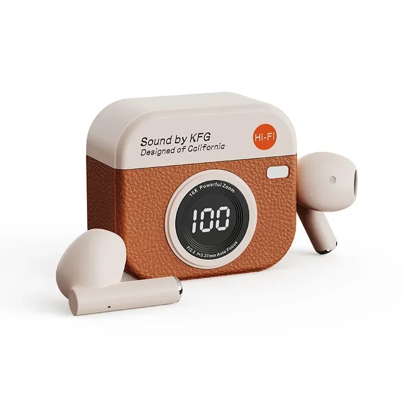 Q86 cream wireless earbuds with camera-shaped brown leather charging case featuring digital power LED display