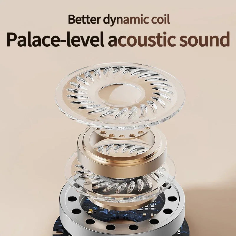 Clear dynamic coil speaker component with metallic gold and silver accents in q86 bluetooth 5.3 wireless headphones