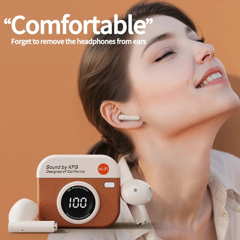 White and brown camera-shaped charging case for q86 bluetooth 5.3 wireless headphones with led digital display