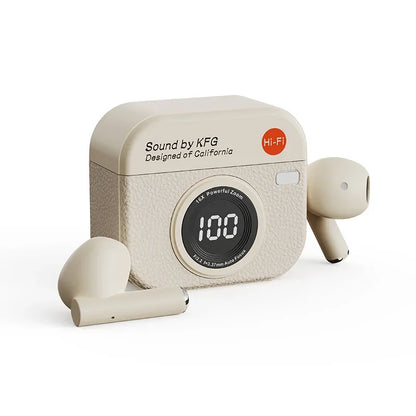 Cream-colored q86 bluetooth 5.3 wireless earbuds in a textured camera-shaped charging case with hi-fi digital display