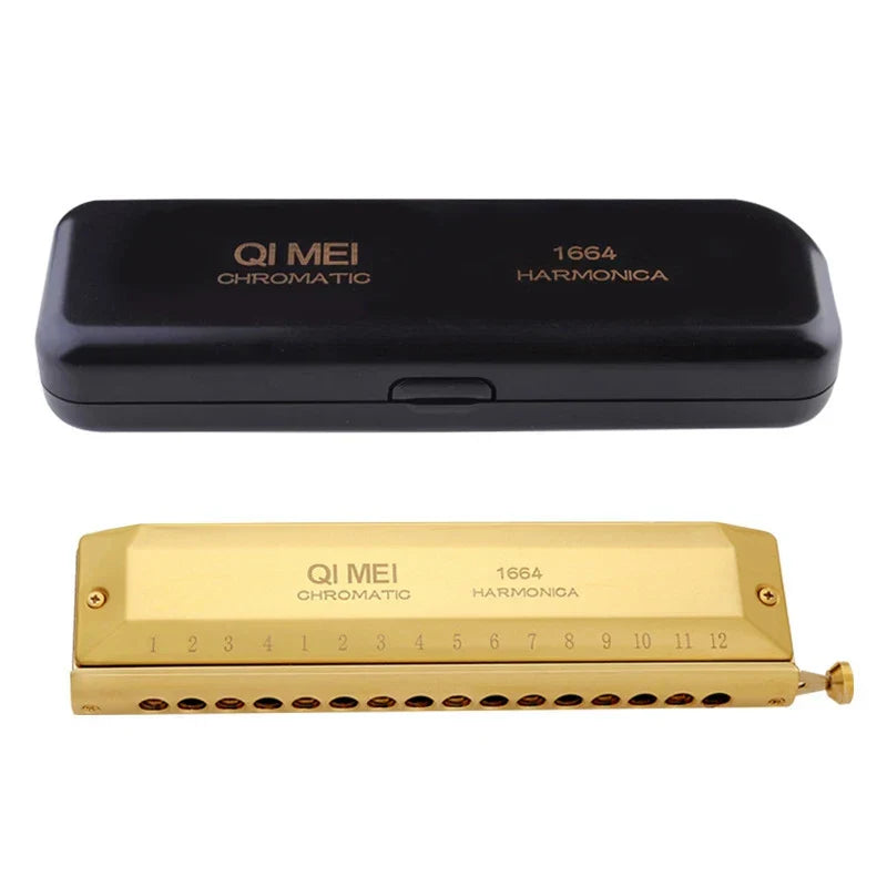 Gold-colored qi mei chromatic harmonica with 16 holes and engraved markings for professional musical instruments in key of c