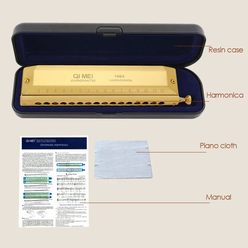 Gold-colored qi mei chromatic harmonica 16 hole chromatic harmonica in blue-lined resin case for professional musical instruments