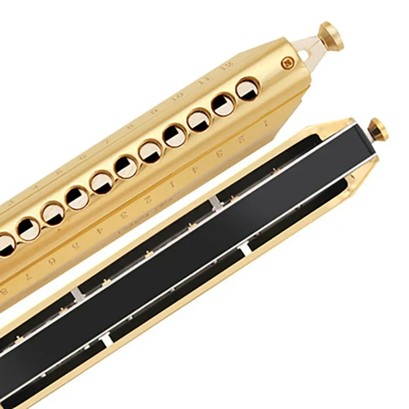 Gold-colored mei chromatic harmonica with black interior and circular tone holes for professional musical instruments