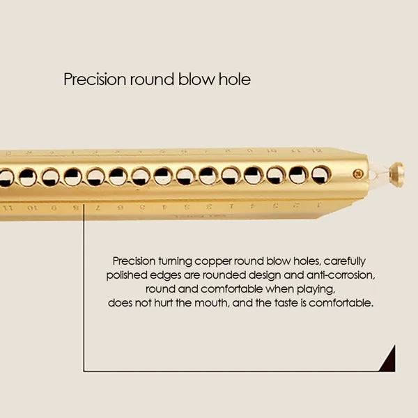 Gold-colored mei chromatic harmonica with 16 precision blow holes and polished edges for professional musical instruments
