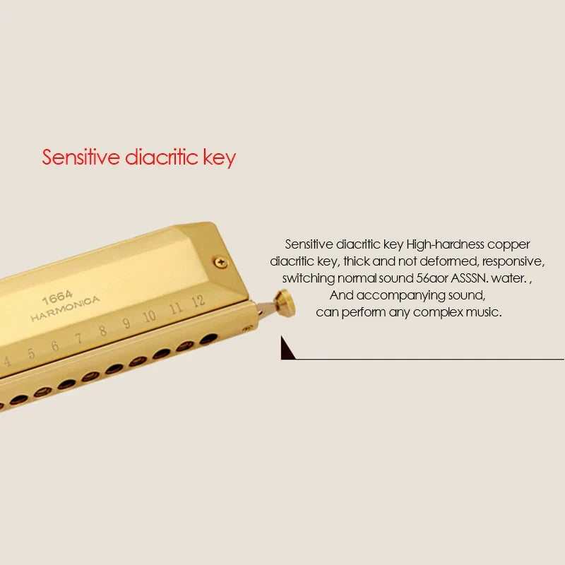 Gold-colored mei chromatic harmonica with 16 holes and sensitive diacritic key for professional musical instruments use