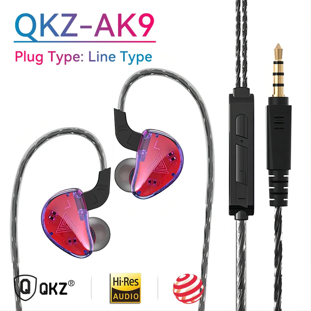 Red and purple transparent qkz ak3 file in-ear headphones with microphone hifi music and gold-plated 3.5mm plug for sport gaming earbuds