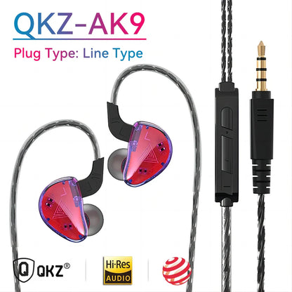 Red and purple transparent qkz ak3 file in-ear headphones with microphone hifi music and gold-plated 3.5mm plug for sport gaming earbuds