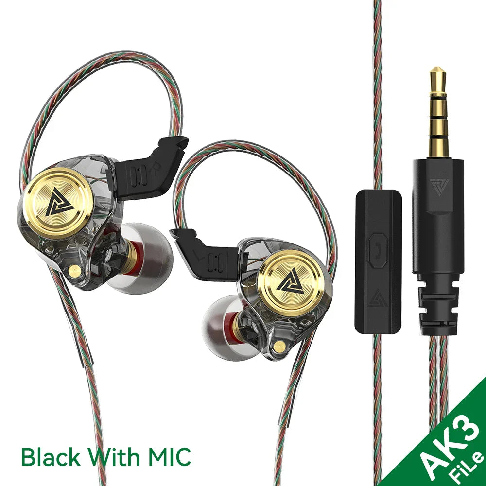 Black qkz ak3 file in-ear monitors with gold accents transparent housing braided cable sport gaming earbuds with microphone hifi music