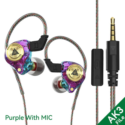 Purple iridescent qkz ak3 file wired earphones with gold accents microphone hiFi music sport gaming earbuds noise cancelling