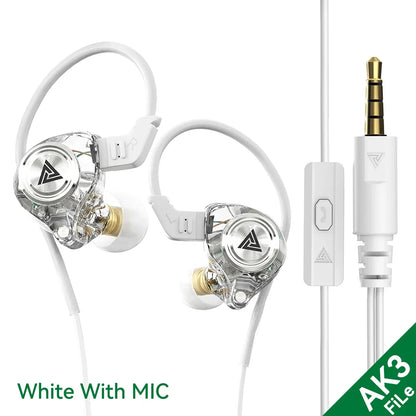 White qkz ak3 file wired earphones with clear housing gold accents microphone hifi music sport gaming earbuds