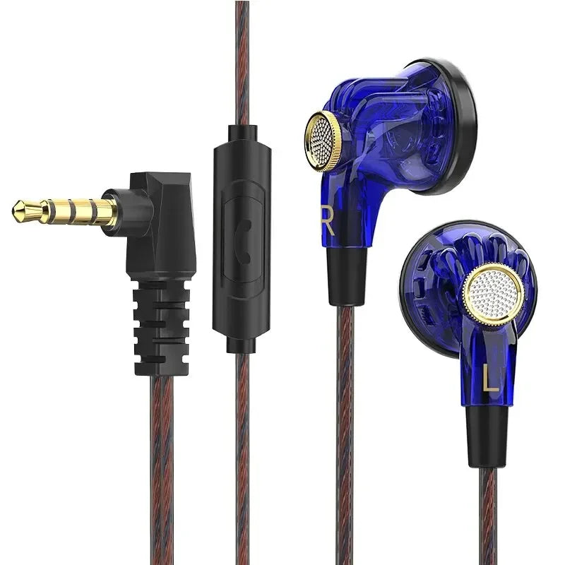 Blue transparent qkz mdr in-ear headphones with large dynamic hifi bass, gold mesh grilles and braided cable 3.5mm aux headset