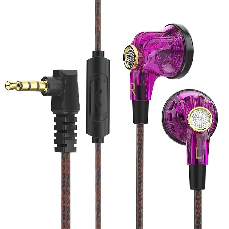 Purple translucent qkz mdr in-ear headphones with gold mesh grilles large dynamic hifi 3.5mm aux headset for sport use